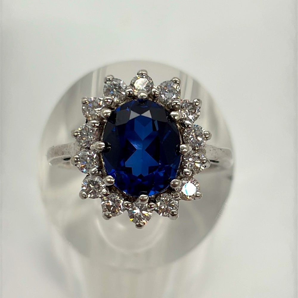 Blue Sapphire 925 Cocktail Ring with Cubic Zirconia Accent Stones - Size 7